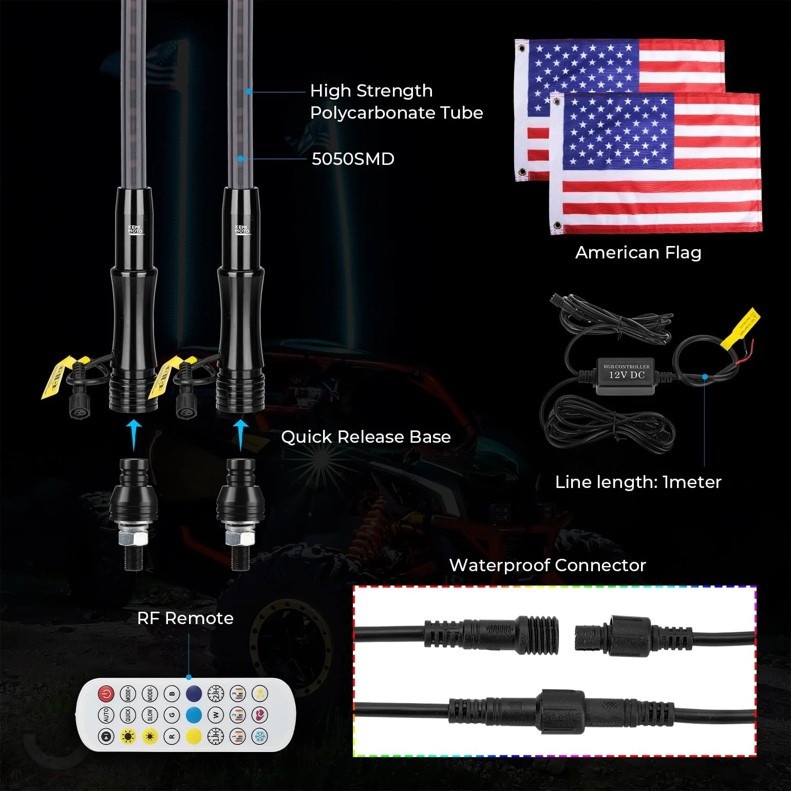 2pcs 4FT Black Limited LED Whip Light with RF Remote Control - Image 7