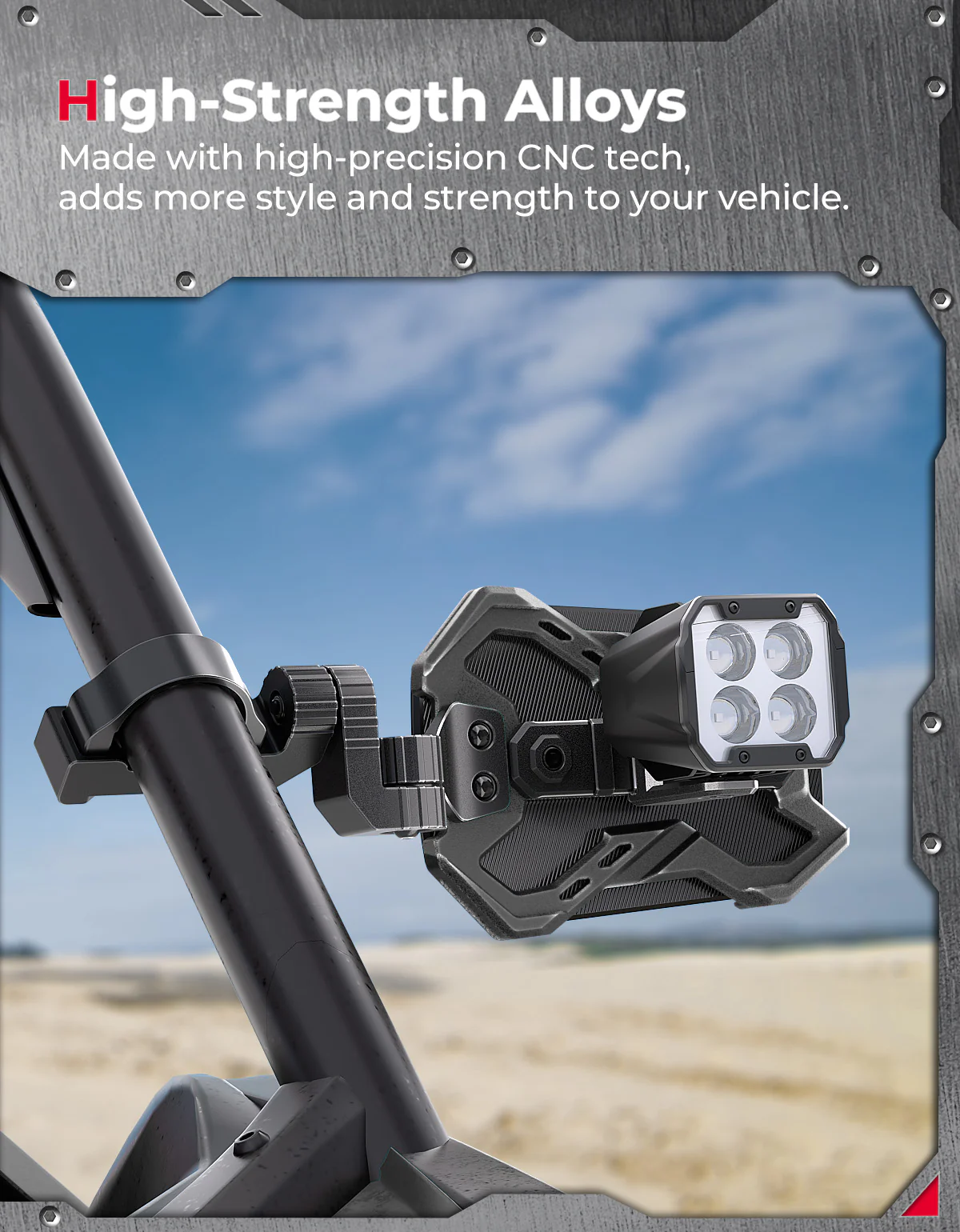 CNC UTV Mirror X w/Integrated light mount for 1.65-2 Inch Roll Bar (1 Pair) - Image 3
