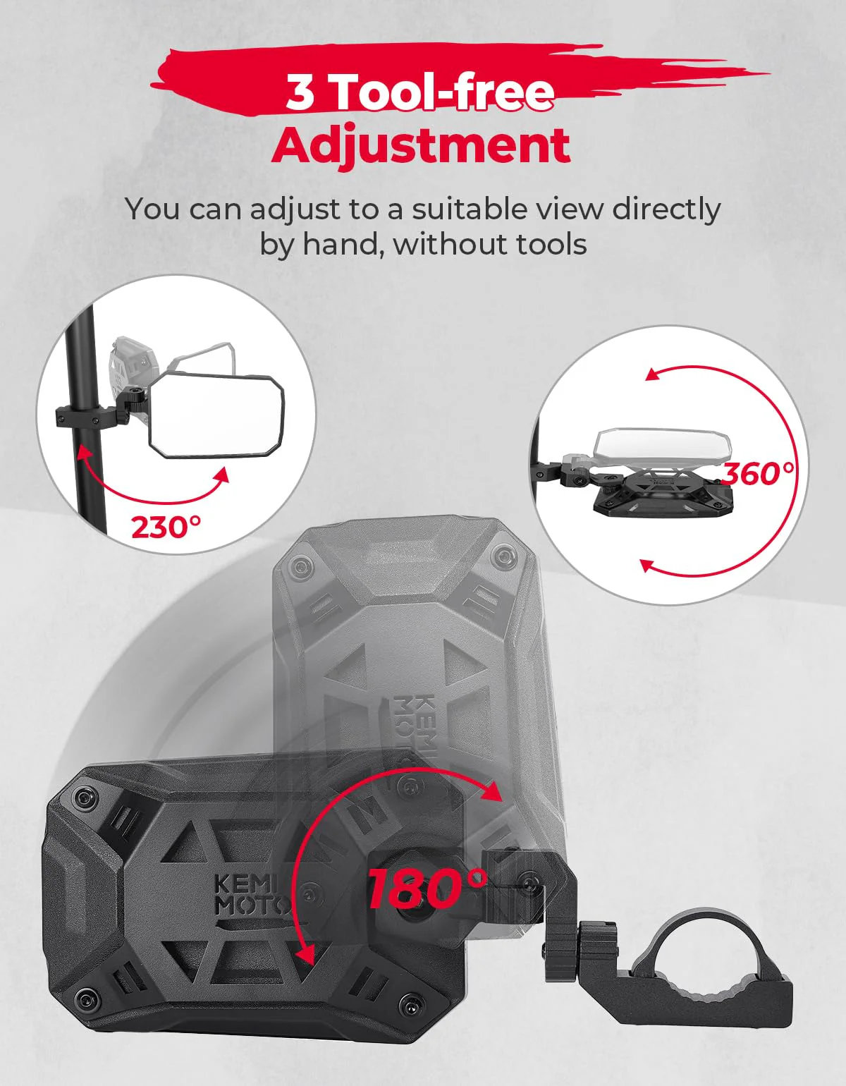UTV Side Mirrors, Tool-free Multi-Adjustment for Can Am Maverick X3/ RZR w/ 1.65-2" Roll bar - Image 3