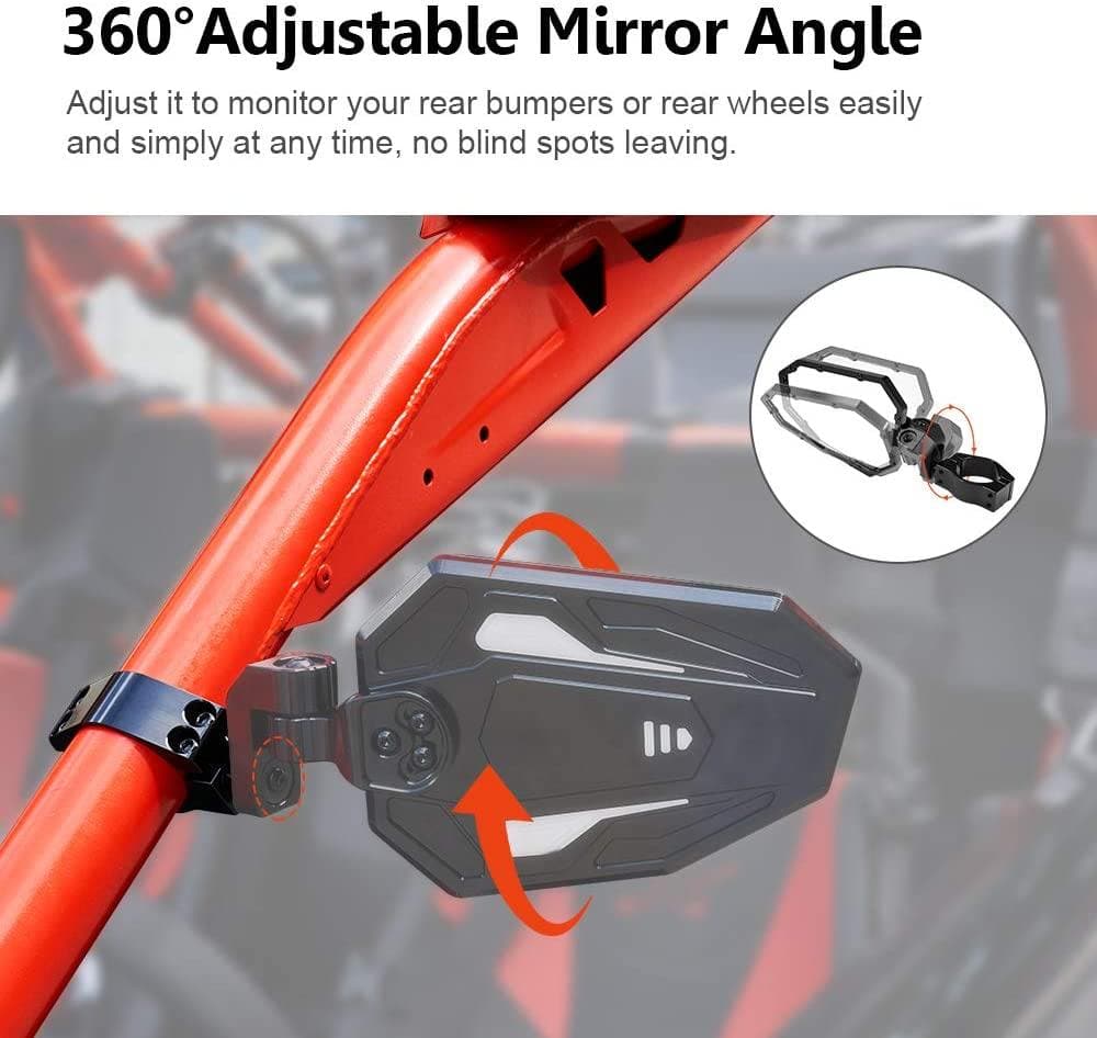 UTV Rear View Side Mirrors for Can Am Maverick X3/ RZR w/ 1.75"-2" roll bar (1 pair) - Image 4